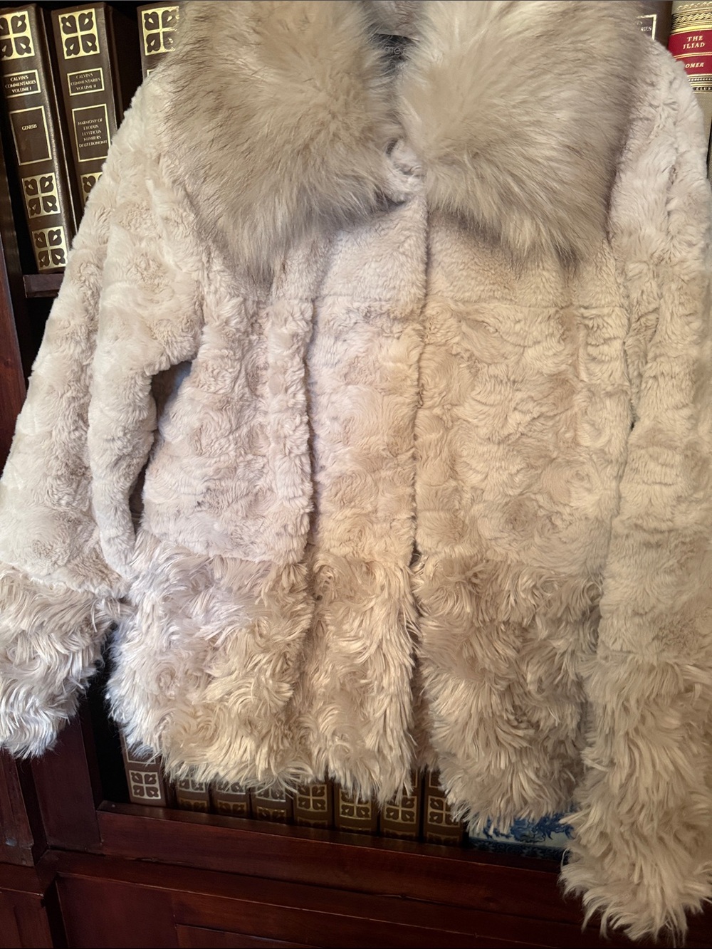 Luxury Faux Fur Coat in Light Beige with Fur Collar